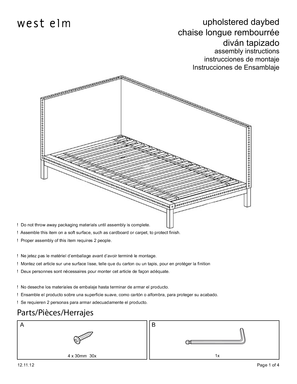 West Elm Nailhead Trim Daybed Assembly Instruction