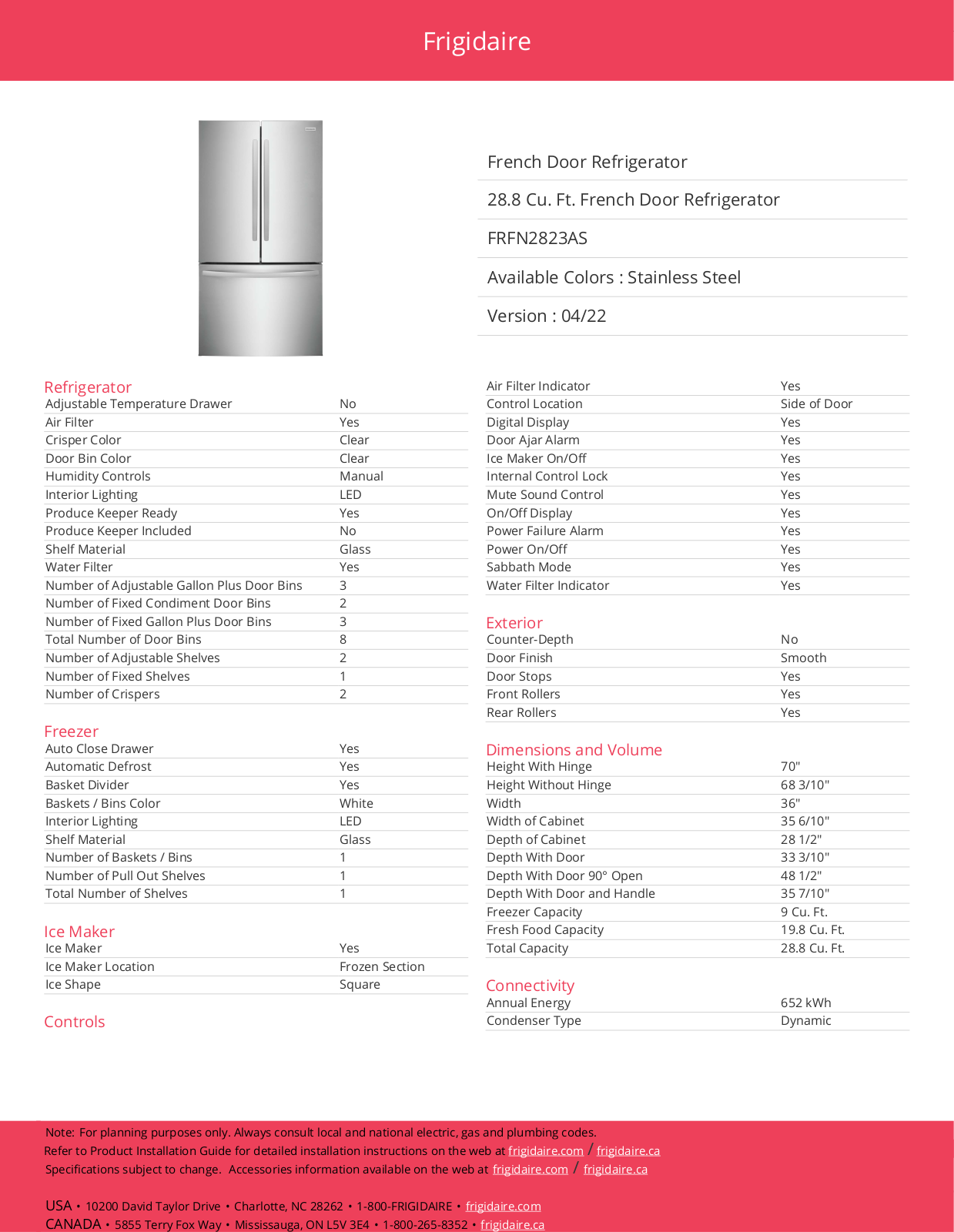 Frigidaire FRFN2823AS Specifications - ManualMachine.com