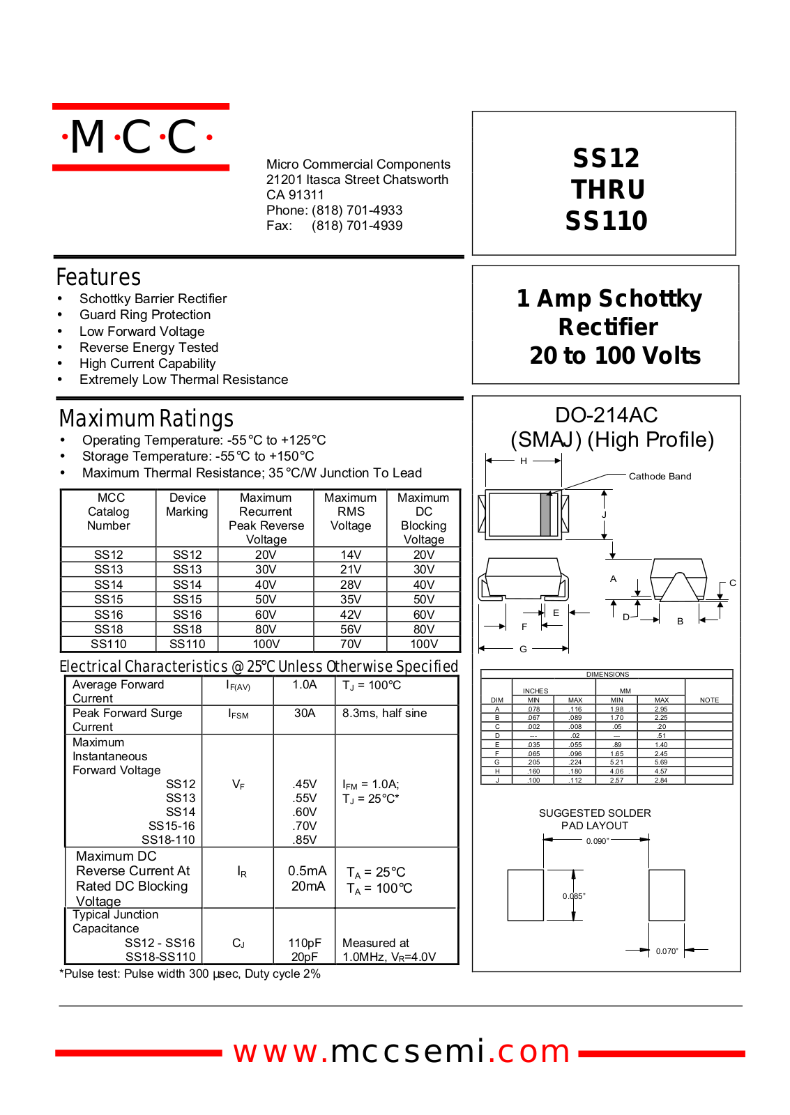 MCC SS16, SS18, SS14, SS13, SS12 Datasheet