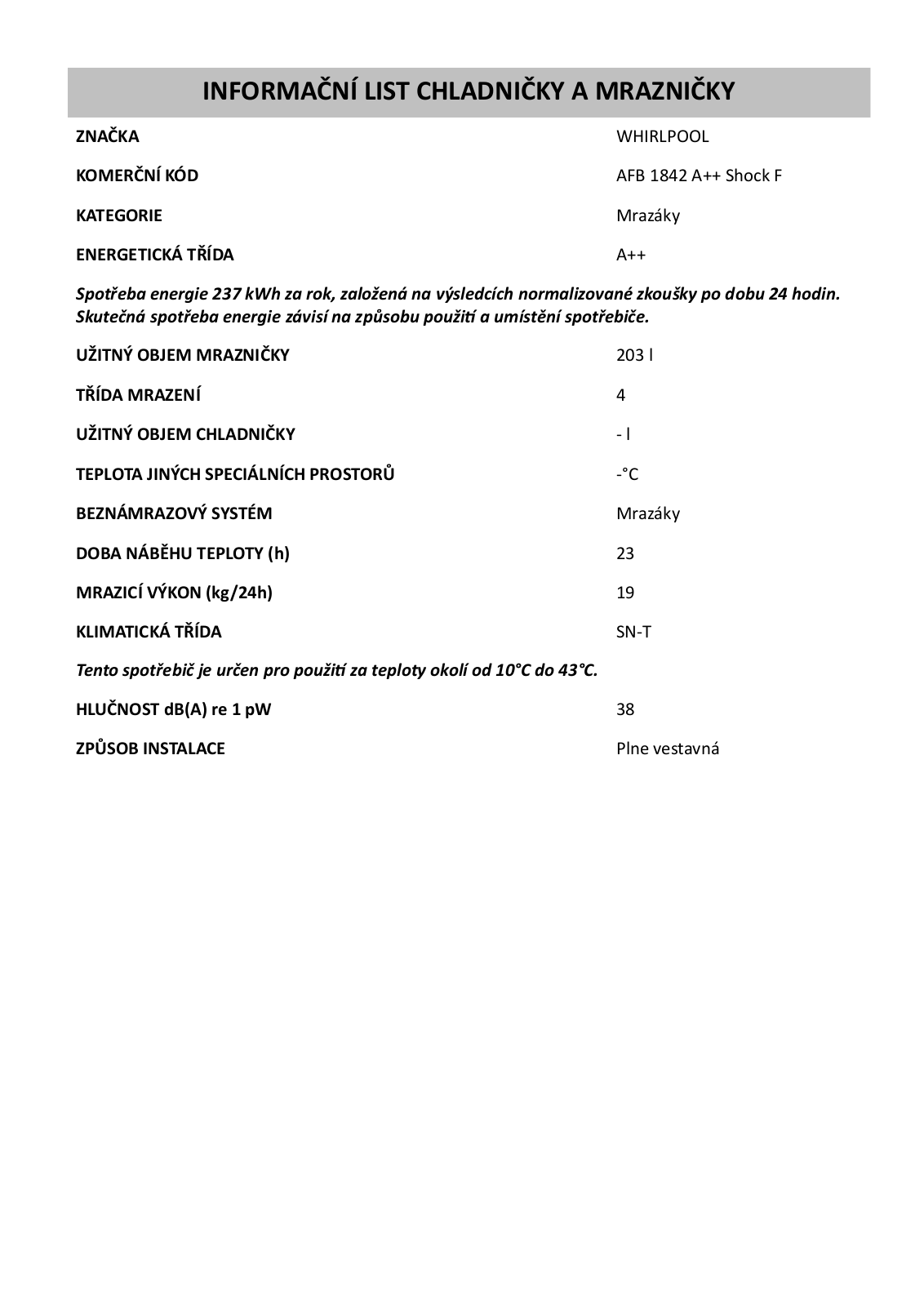 Whirlpool AFB 1842 A++ Schok F User Manual