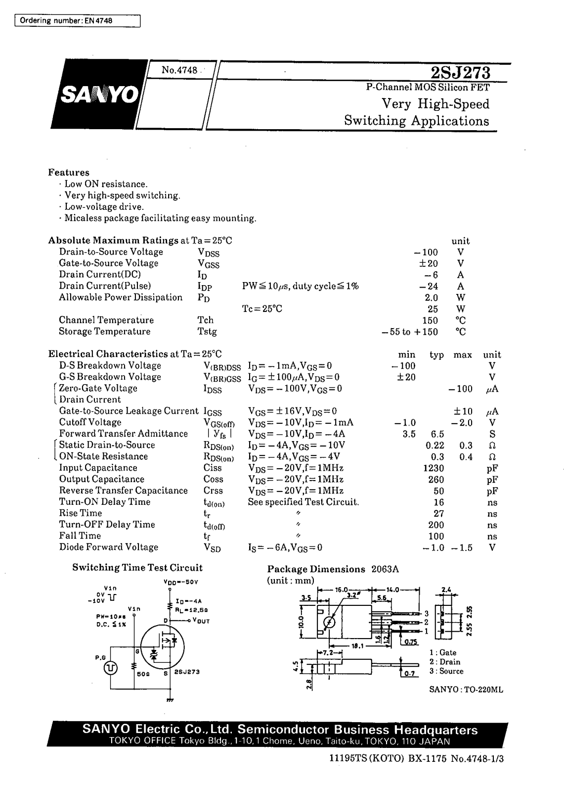 SANYO 2SJ273 Datasheet