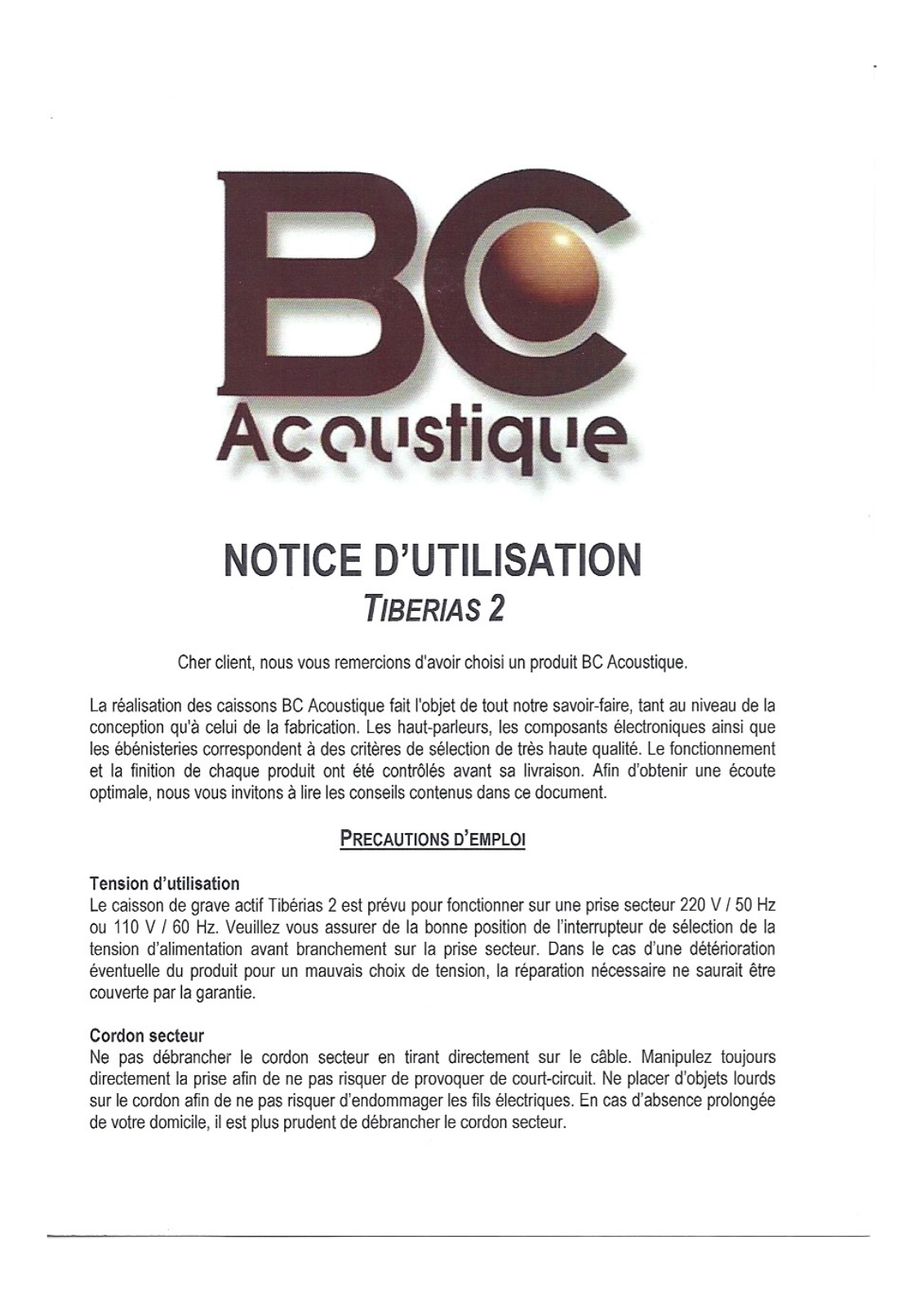 BC ACOUSTIQUE Tiberias User Manual