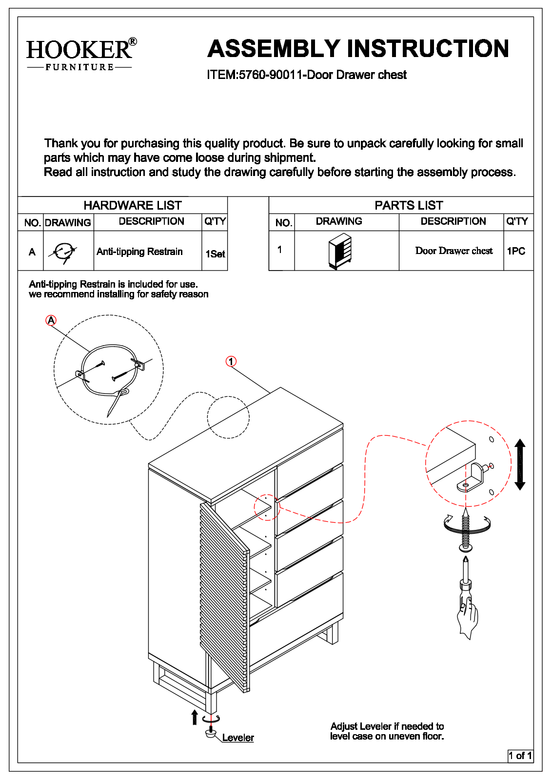 Hooker Furniture 57609001180 Assembly Guide