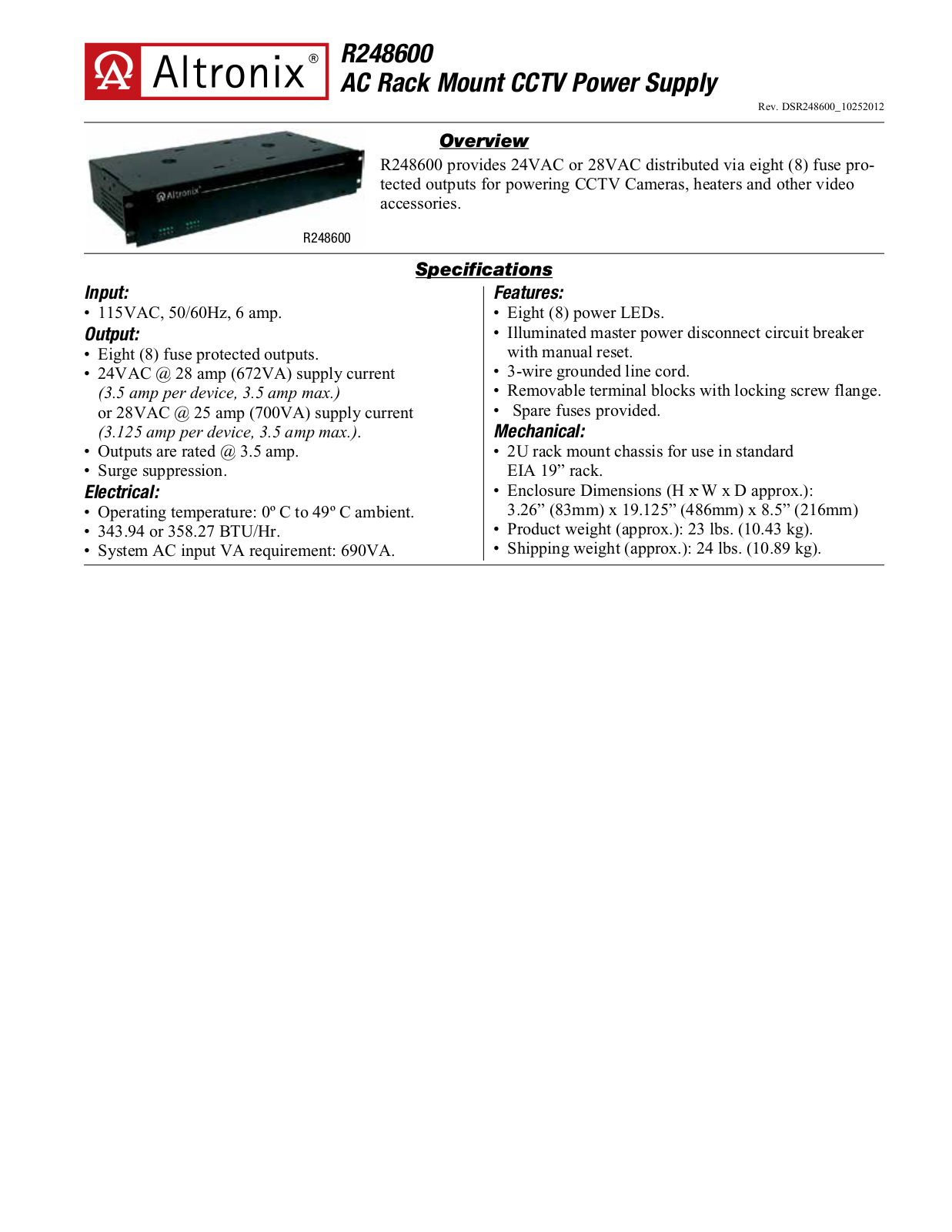 Altronix R248600 Data Sheet