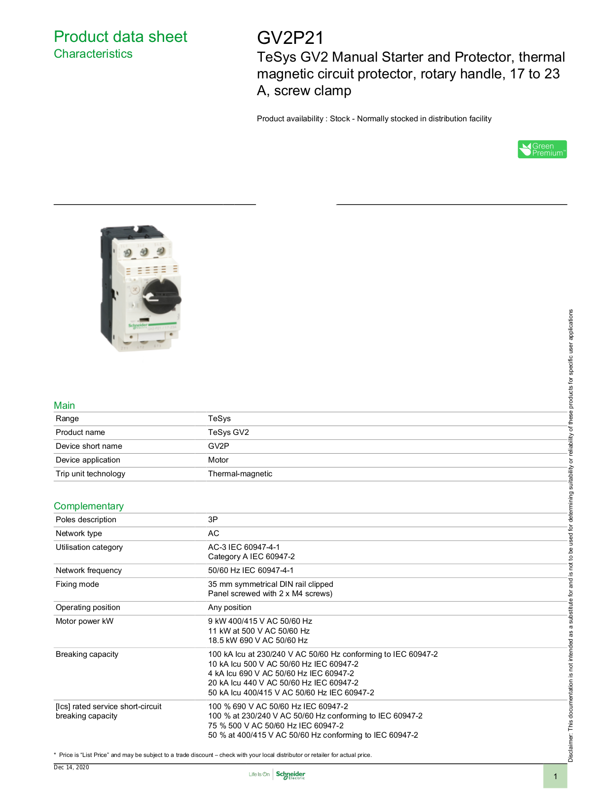 Square D GV2P21 Data Sheet