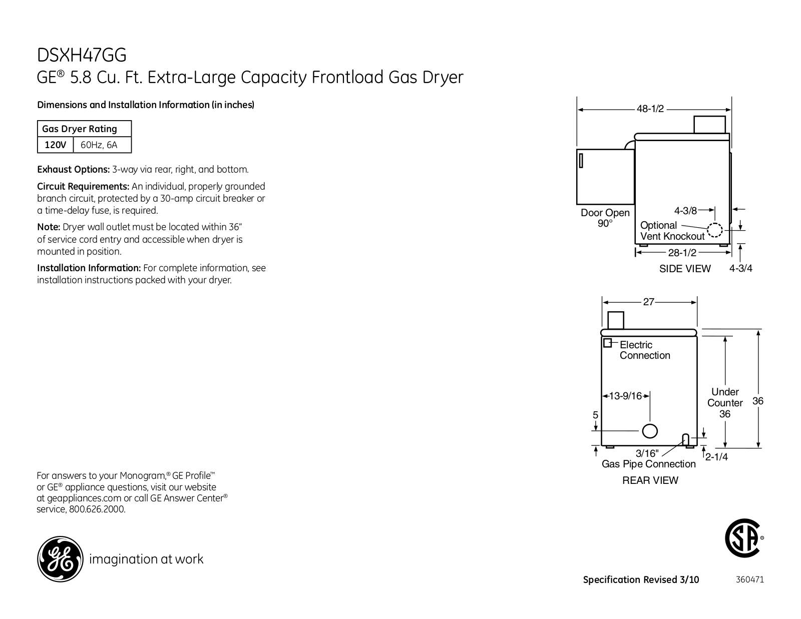 General Electric DSXH47GGWW Specifications