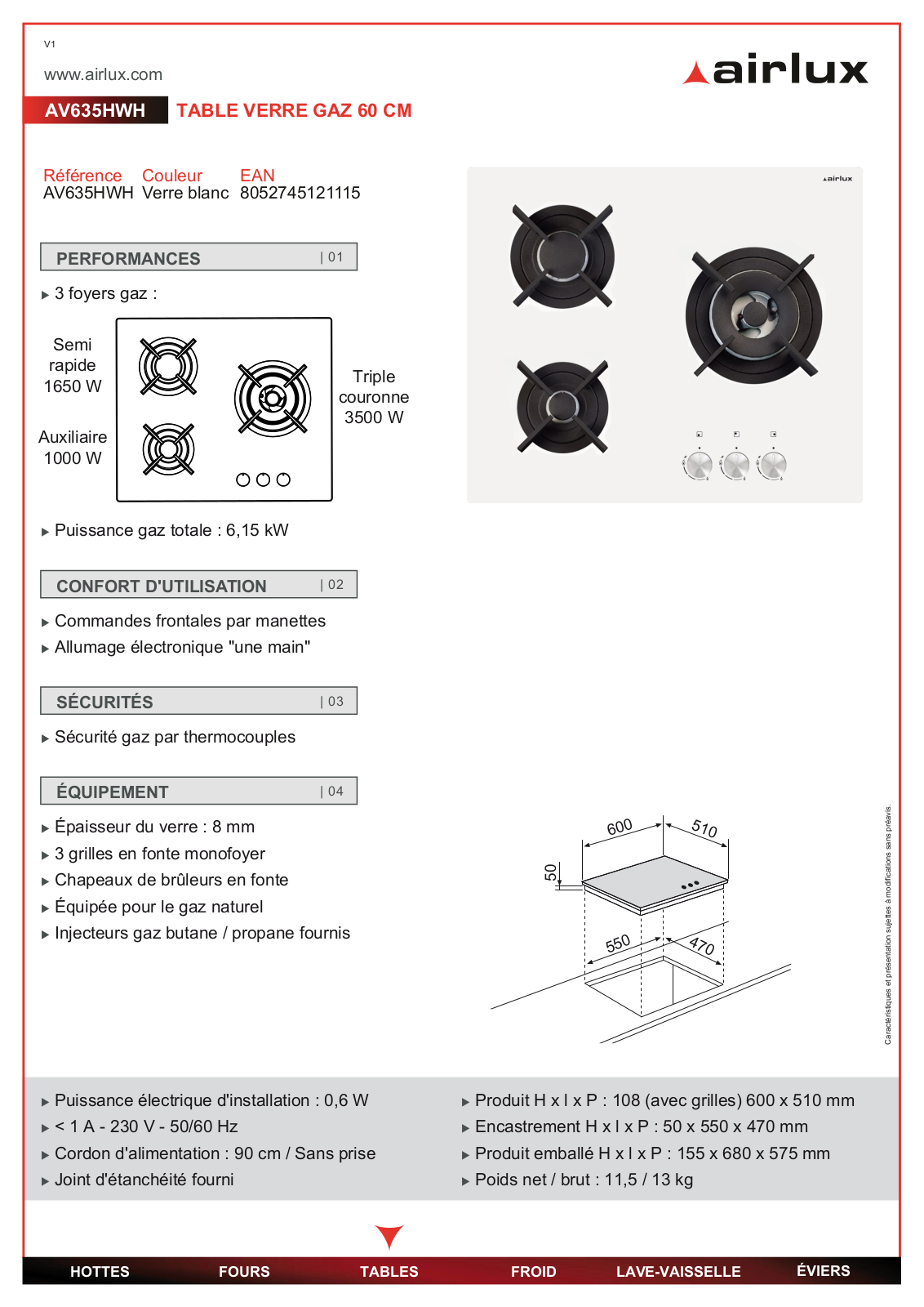 Airlux AV635HWH product sheet