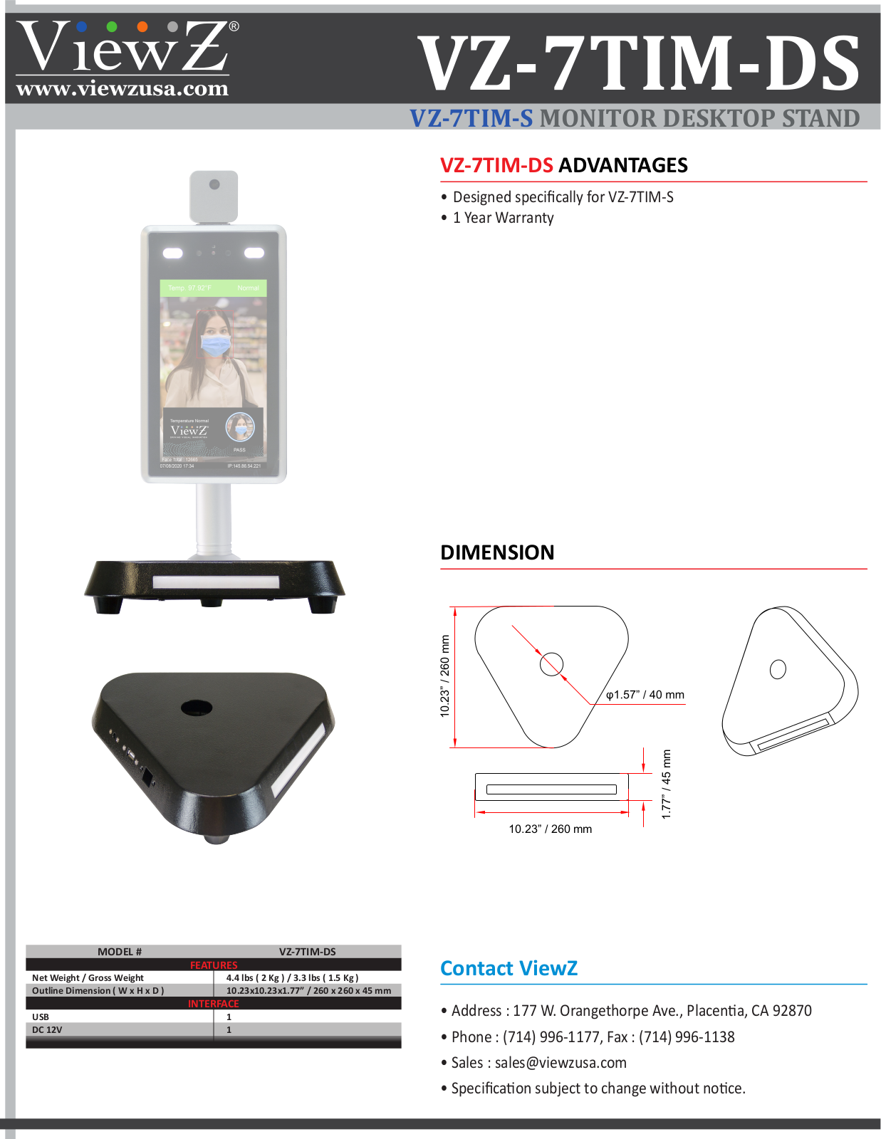 ViewZ VZ-7TIM-DS Specsheet