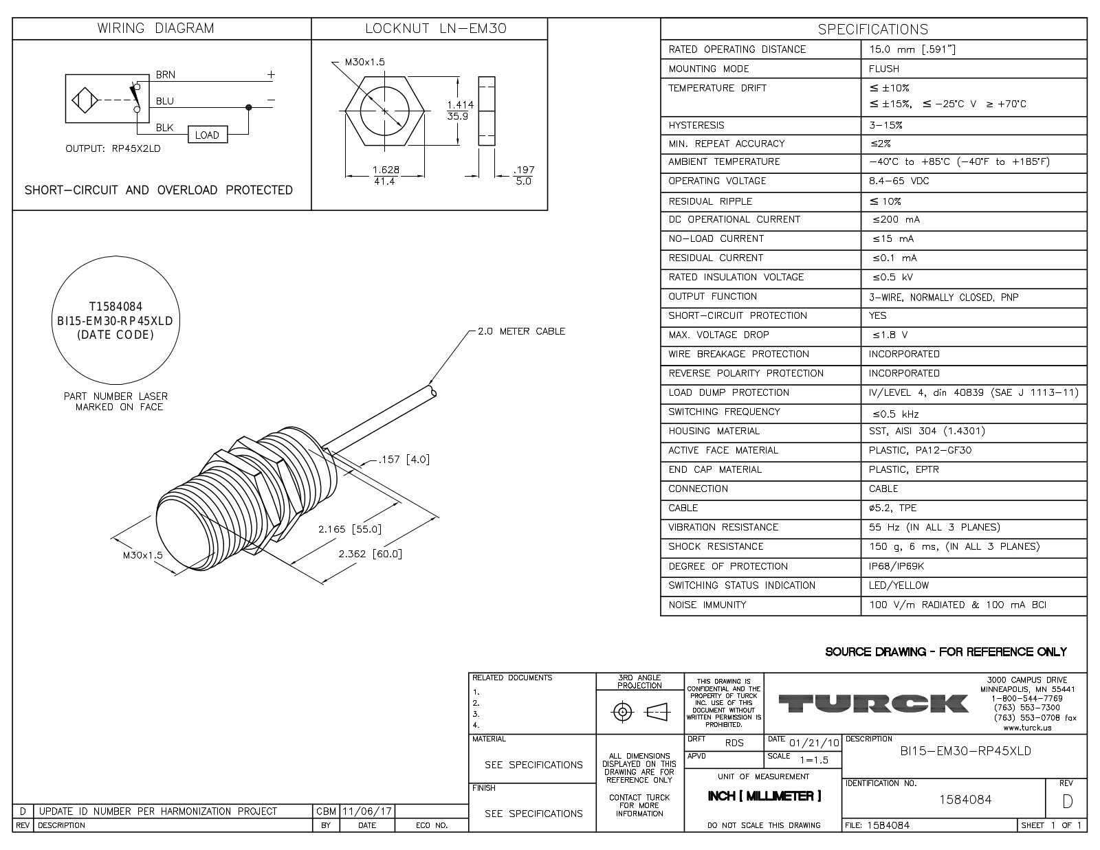 Turck BI15-EM30-RP45XLD Data Sheet