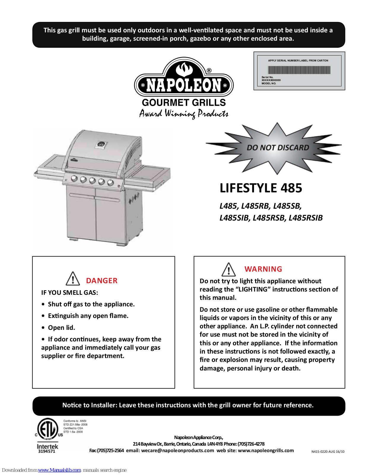 Napoleon L485SIB, L485RSB, L485, L485RB, L485RSIB Installation And Operating Instructions Manual