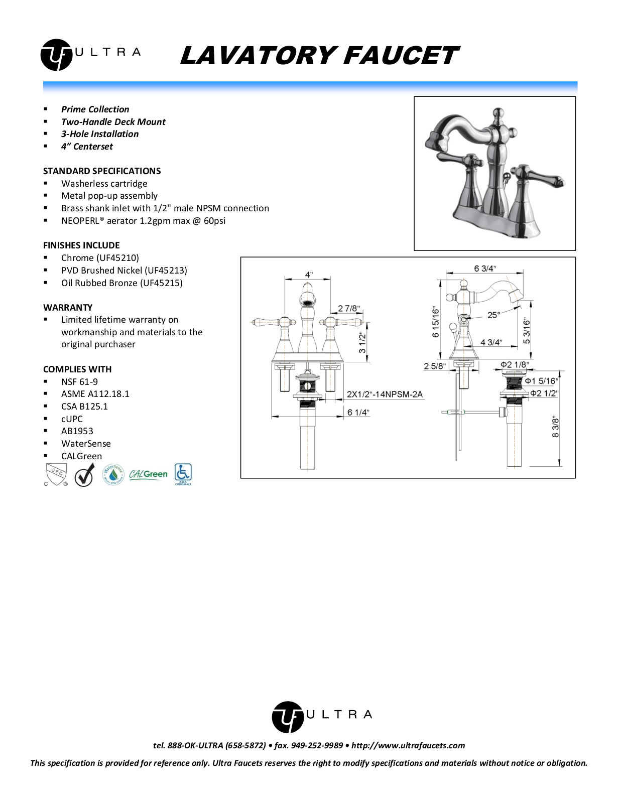 Ultra Faucets LTR1071 Specifications - ManualMachine.com