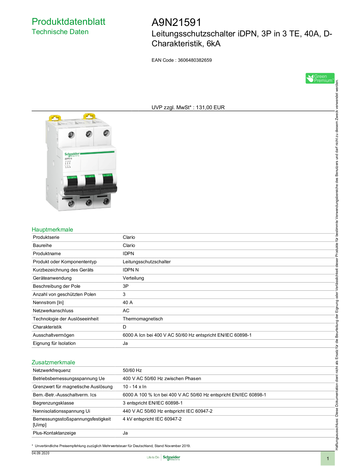 Schneider Electric A9N21591 Technische Daten