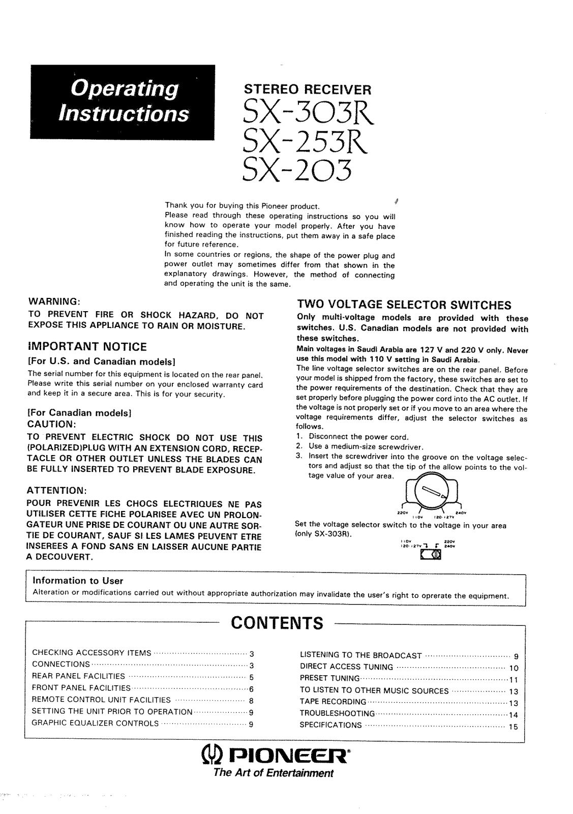 Pioneer SX-203, SX-253-R, SX-303-R Owners manual