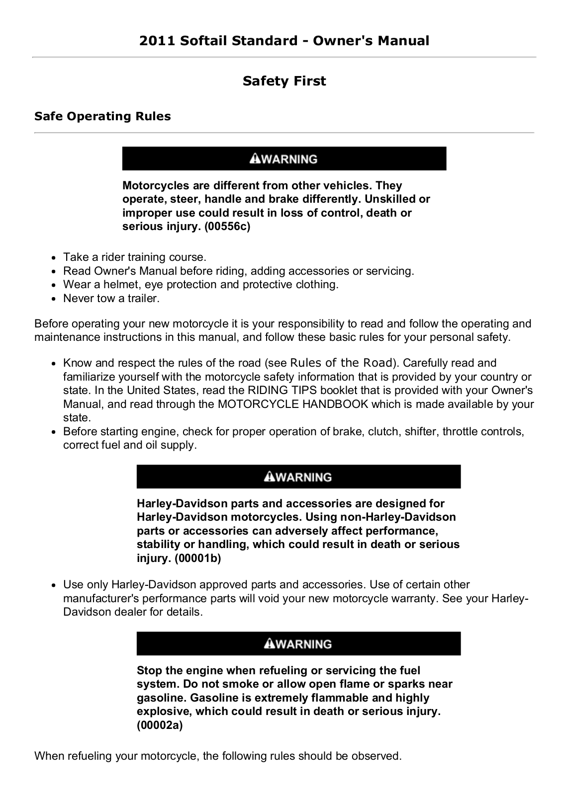 Harley Davidson Softail Standard 2011 Owner's manual