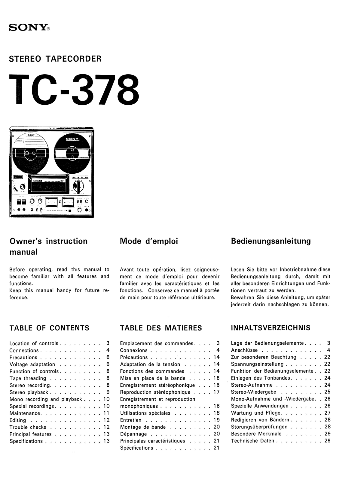 Sony TC-378 Owners Manual