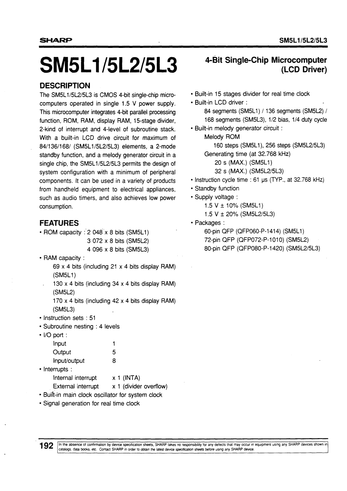 Sharp SM5L1, SM5L2, SM5L3 Datasheet