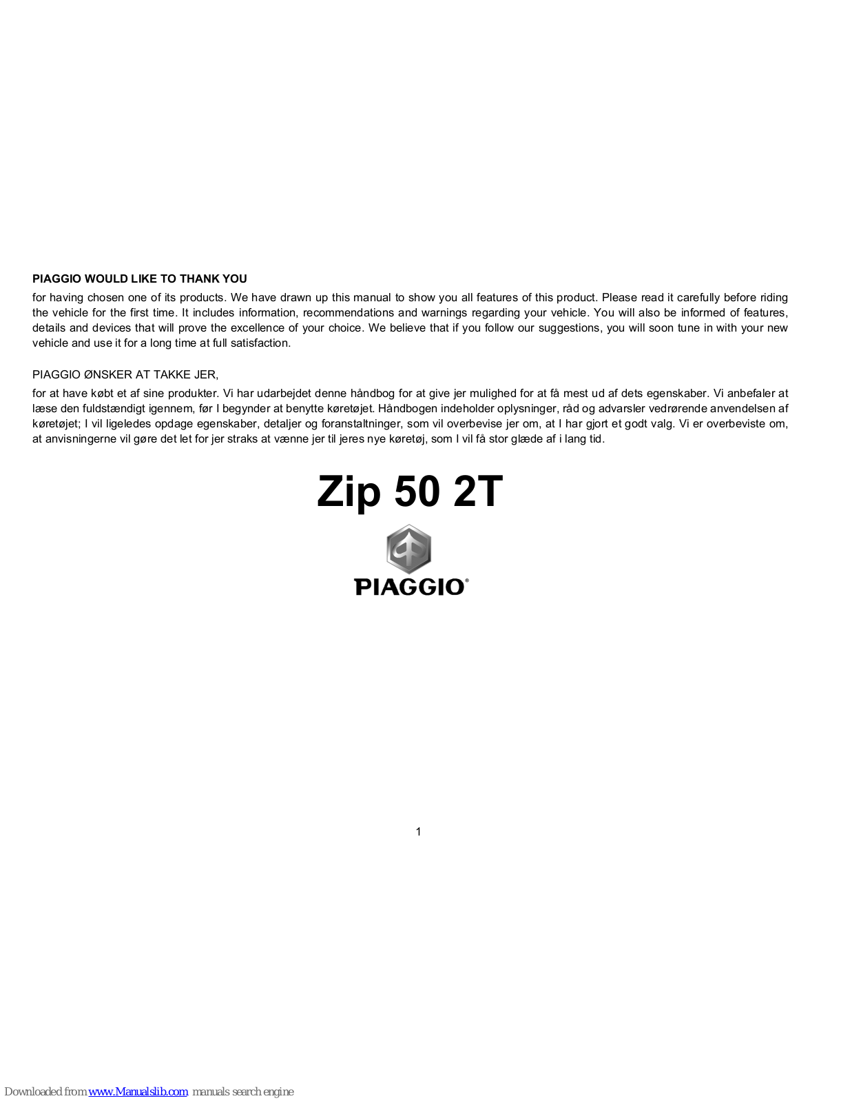 PIAGGIO ZIP 50 2T User Manual