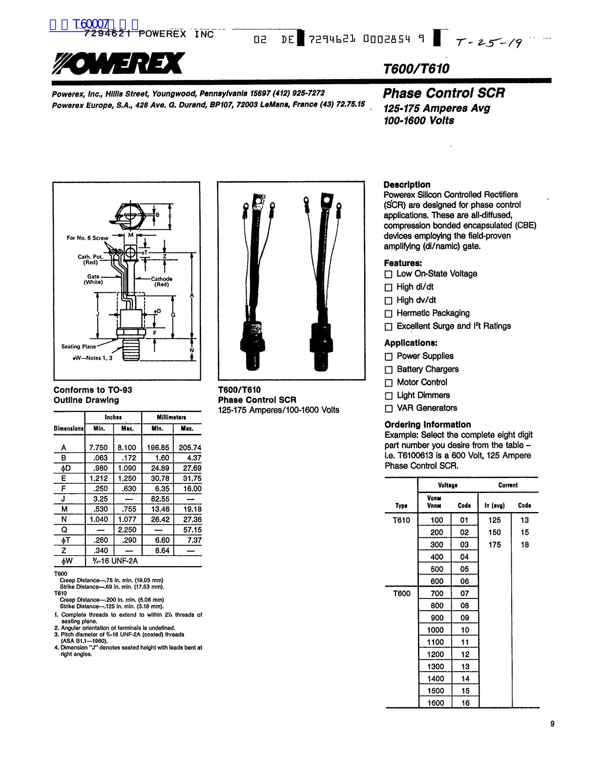 POWEREX T600, T610 Technical data