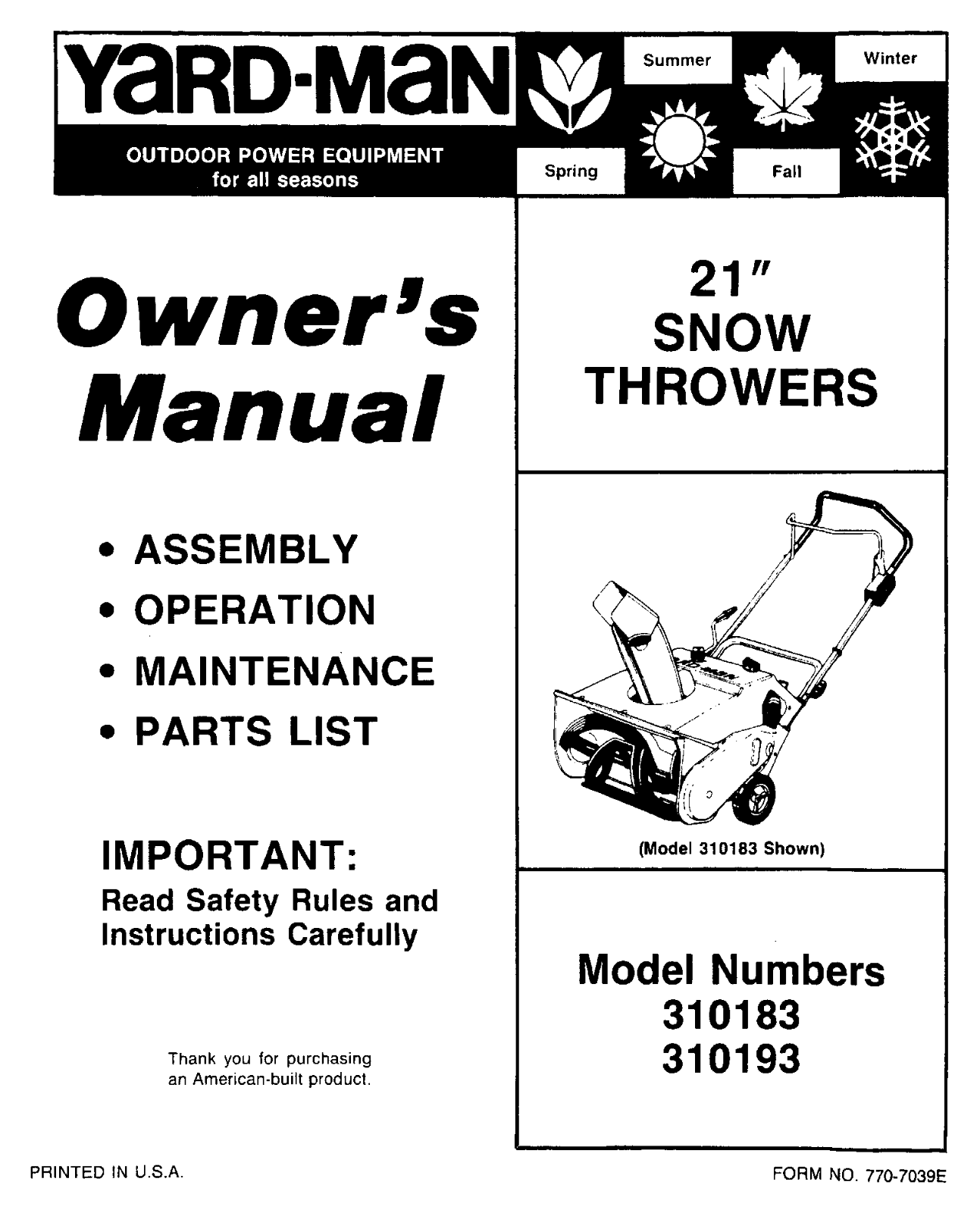 Yard-Man 310183, 310193 User Manual