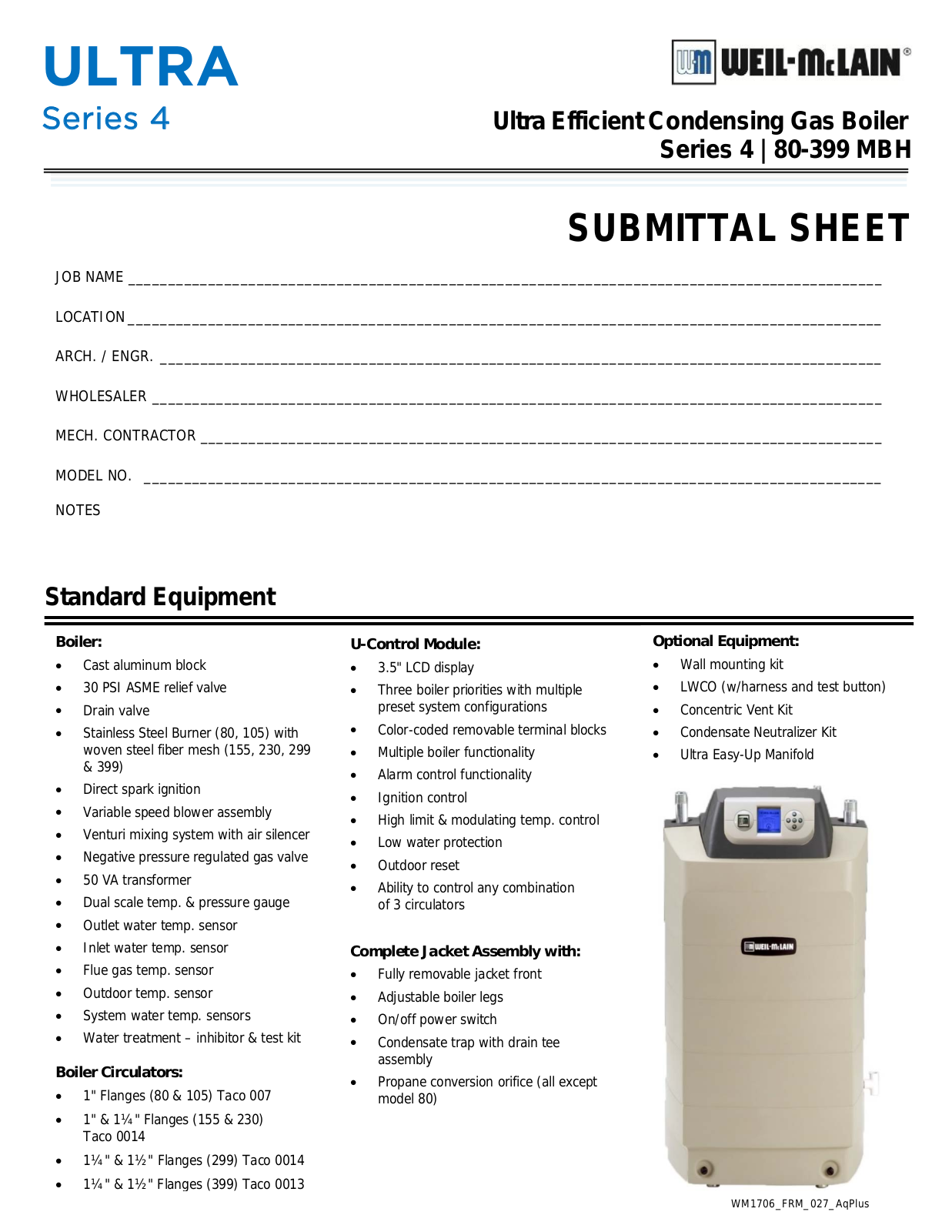 Weil-McLain Ultra 80, Ultra 105, Ultra 155, Ultra 230, Ultra 299 Specification Sheet