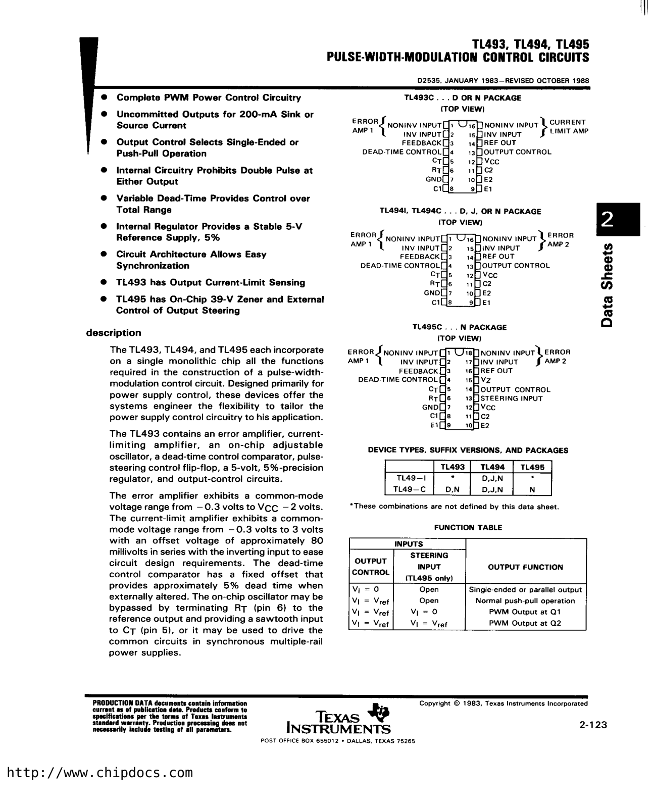 TEXAS INSTRUMENTS TL493, TL494, TL495 Technical data