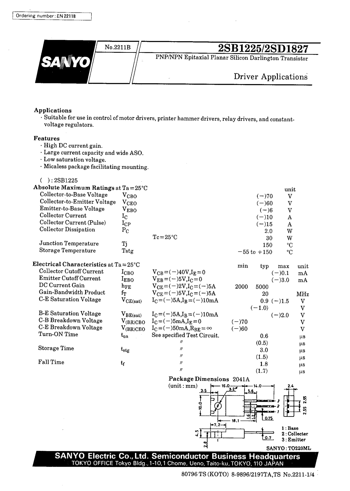 SANYO 2SD1827, 2SB1225 Datasheet