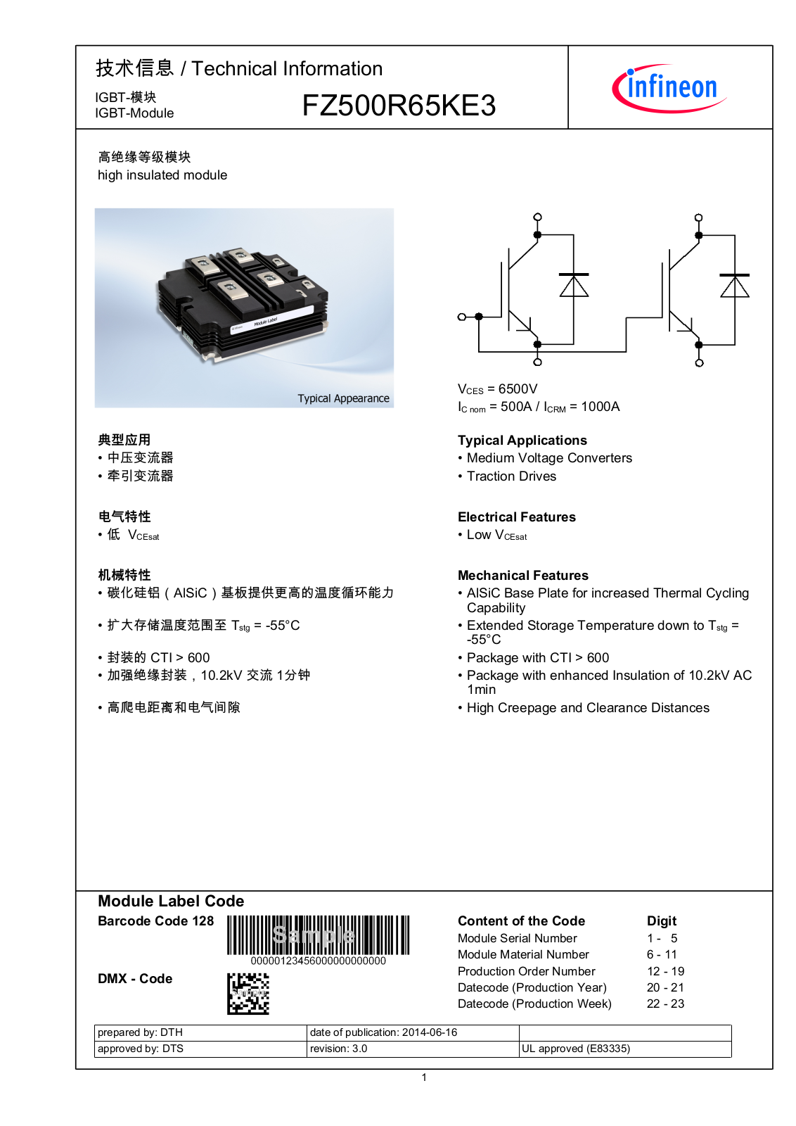 Infineon FZ500R65KE3 Data Sheet