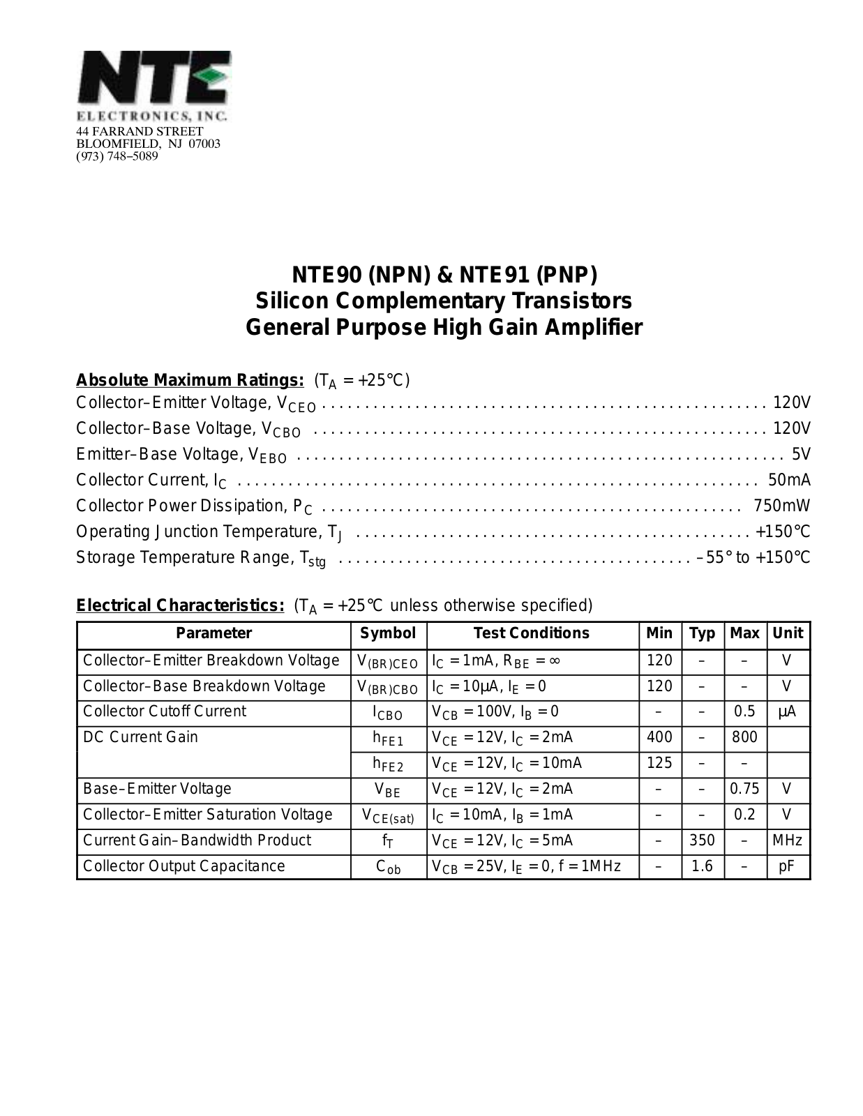 Datasheet NTE91, NTE90 Datasheet (NTE) - ManualMachine.com