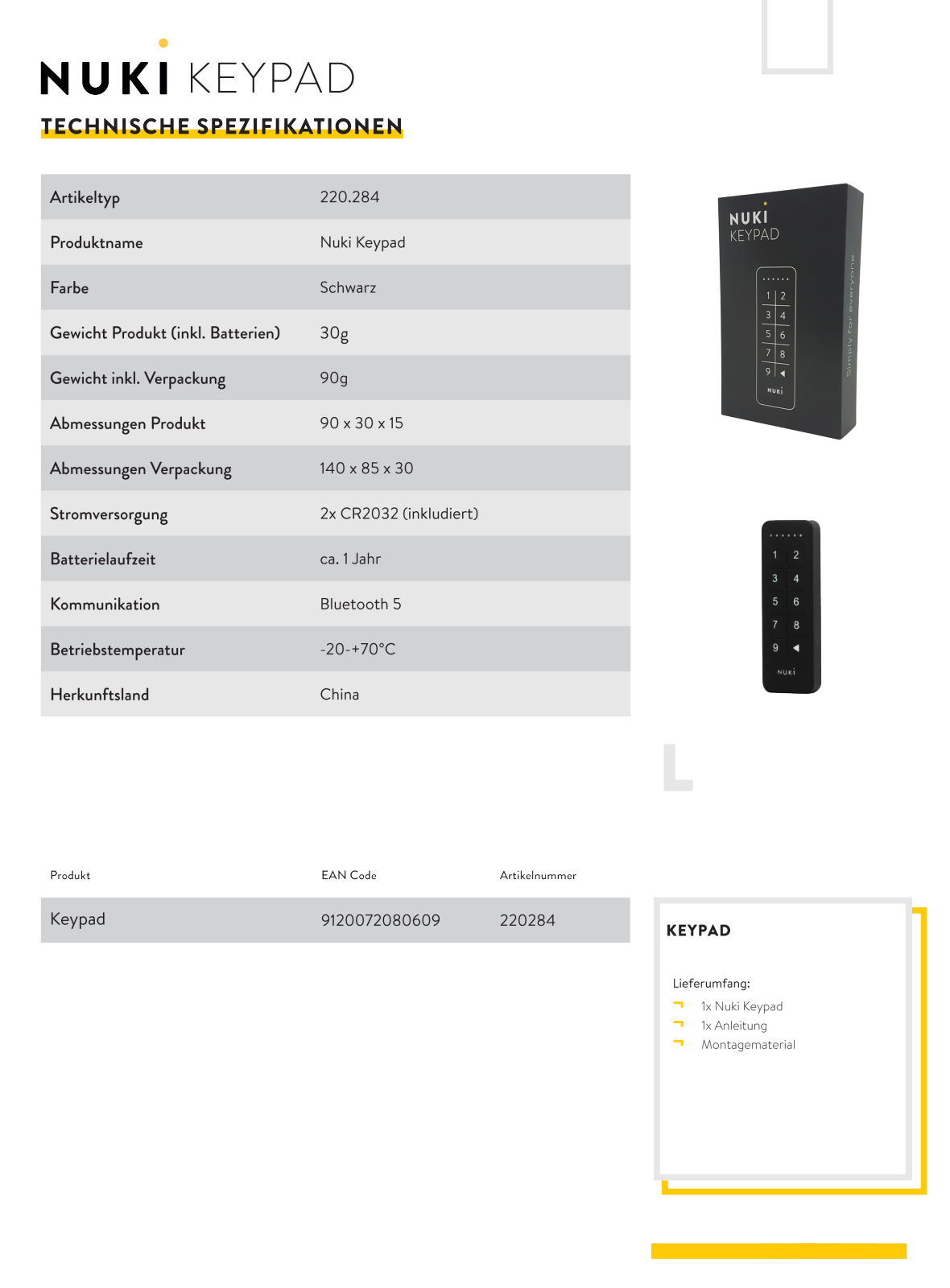 Nuki Keypad Technical data