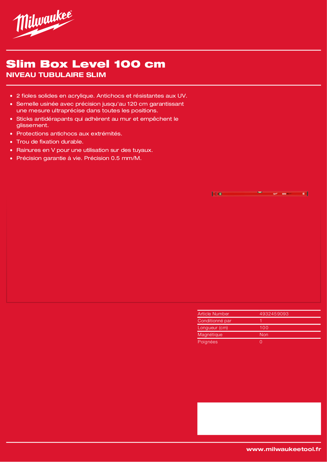 Milwaukee 4932459093, Slim Box Level 100 cm Specification - ManualMachine.com
