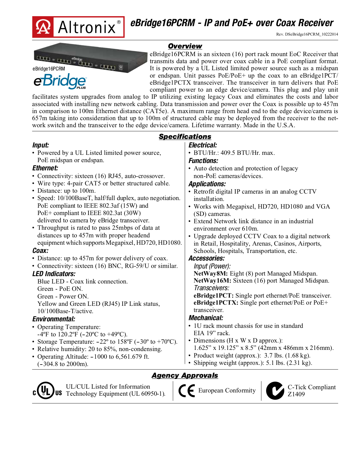 Altronix EBRIDGE16PCRM Specsheet