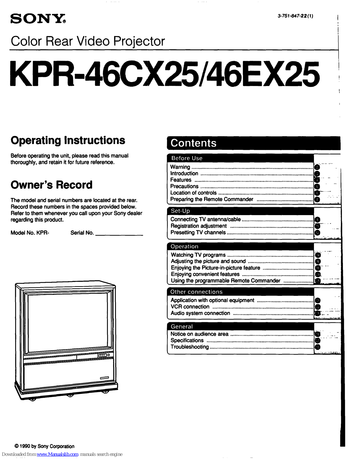 Sony KPR-46CX25,KPR-46EX25 Operating Instructions Manual