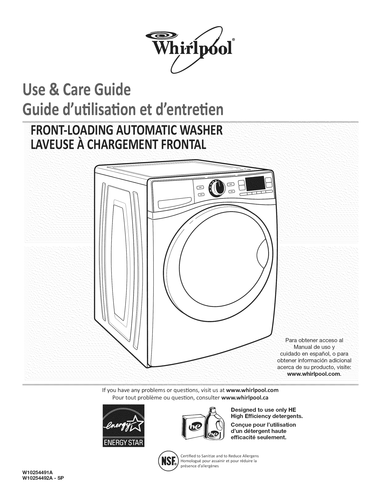 Whirlpool WFW97HEXW2, WFW97HEXR1, WFW97HEXL1, WFW97HEXW3, WFW97HEXW1 Owner’s Manual