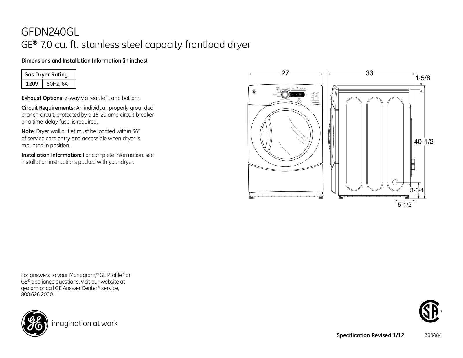 GE GFDN240GL Specification