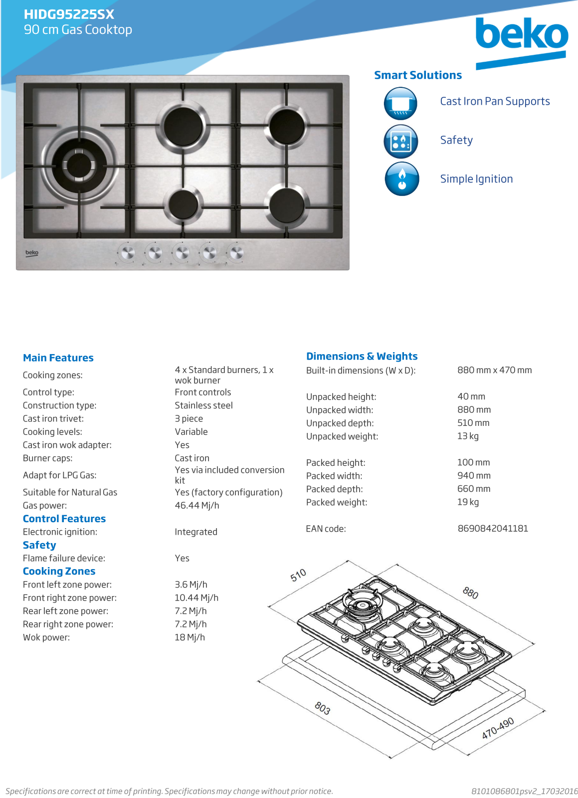 Beko HIDG95225SX Specifications Sheet