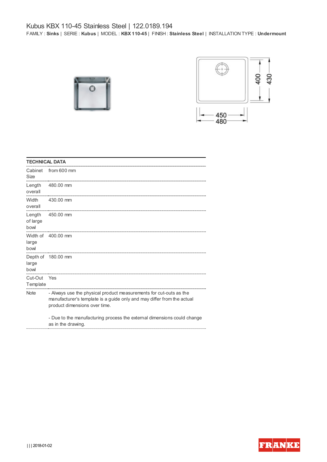 Franke KBX110-45HW, KBX110-45HWB Datasheet