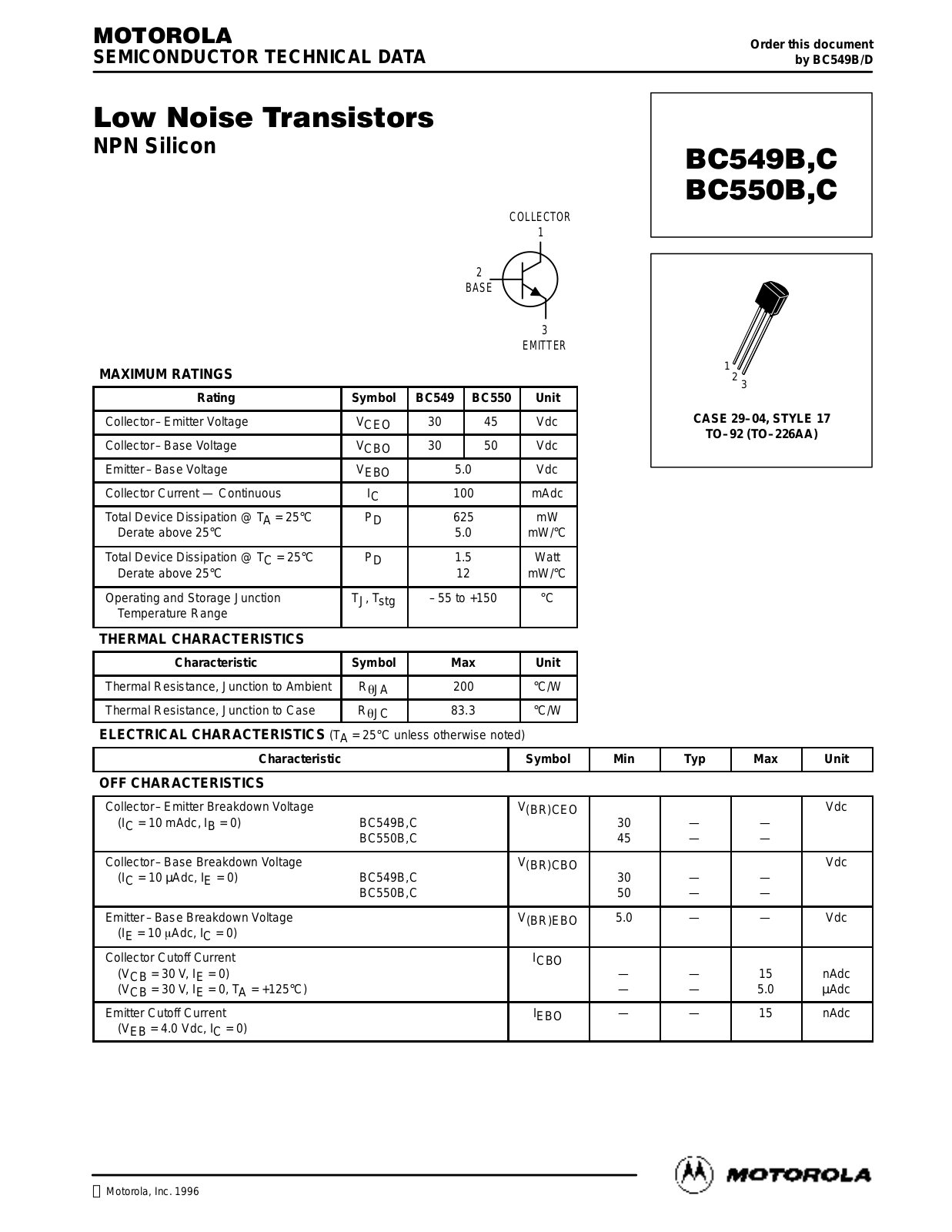 Motorola BC550C, BC550B, BC549C, BC549B Datasheet