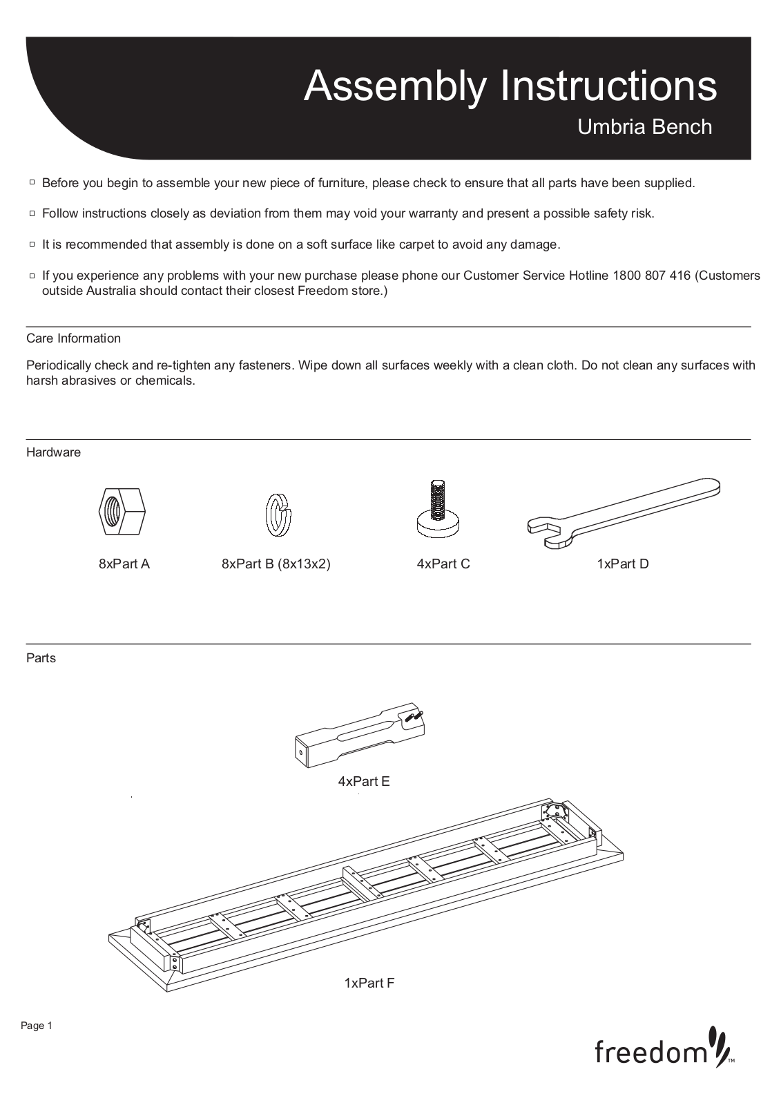 Freedom Umbria Bench Assembly Instruction