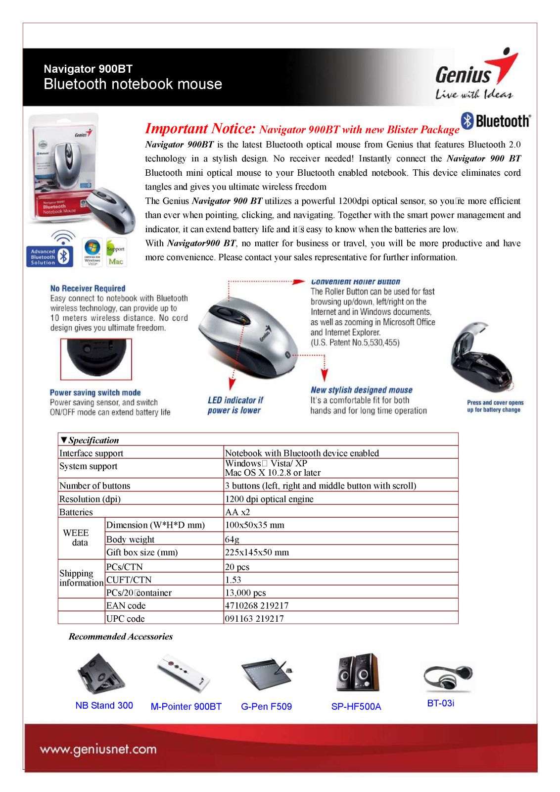 Genius NAVIGATOR 900BT DATASHEET