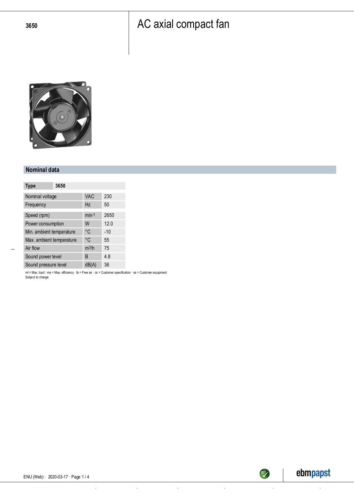 ebm-papst 3650 Data Sheet