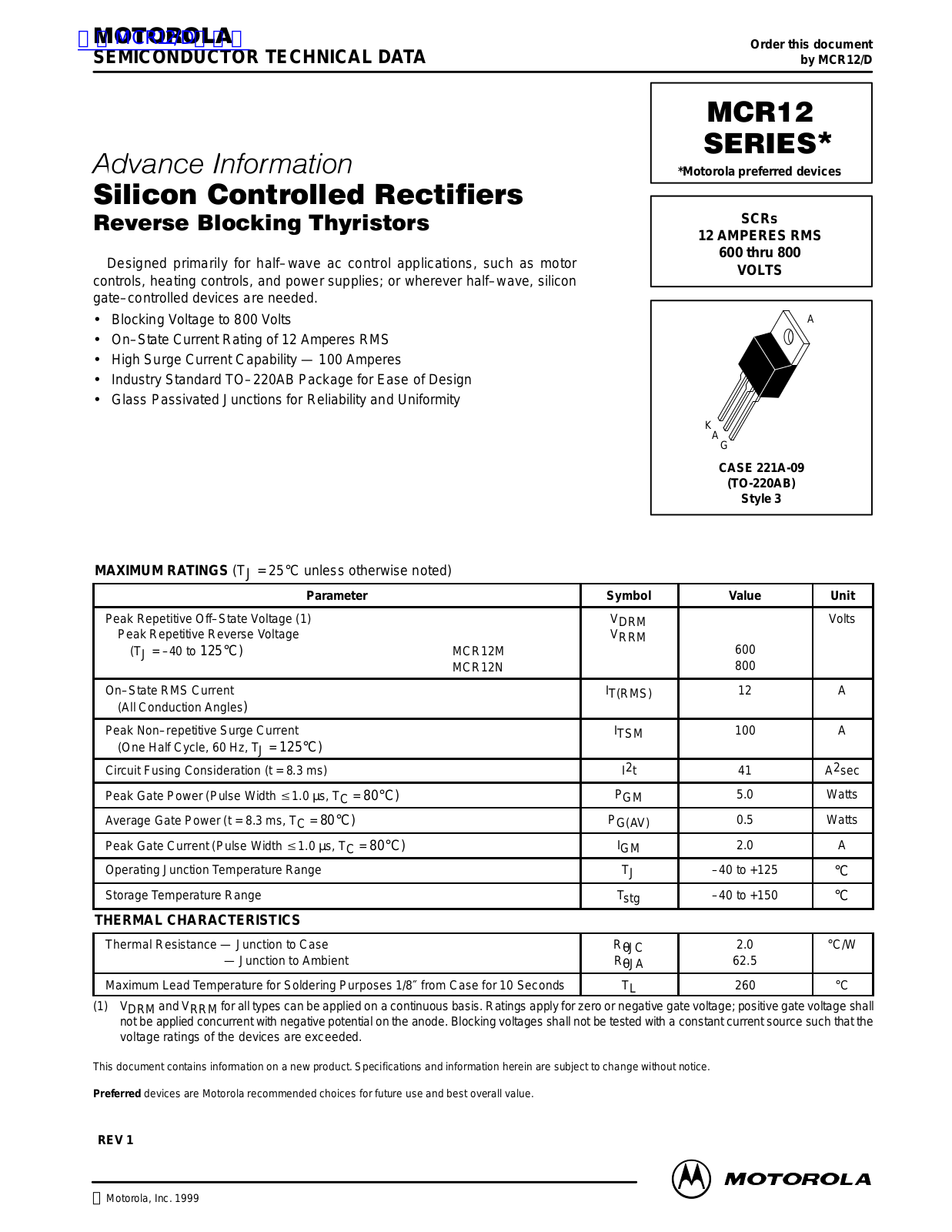MOTOROLA MCR12 Technical data