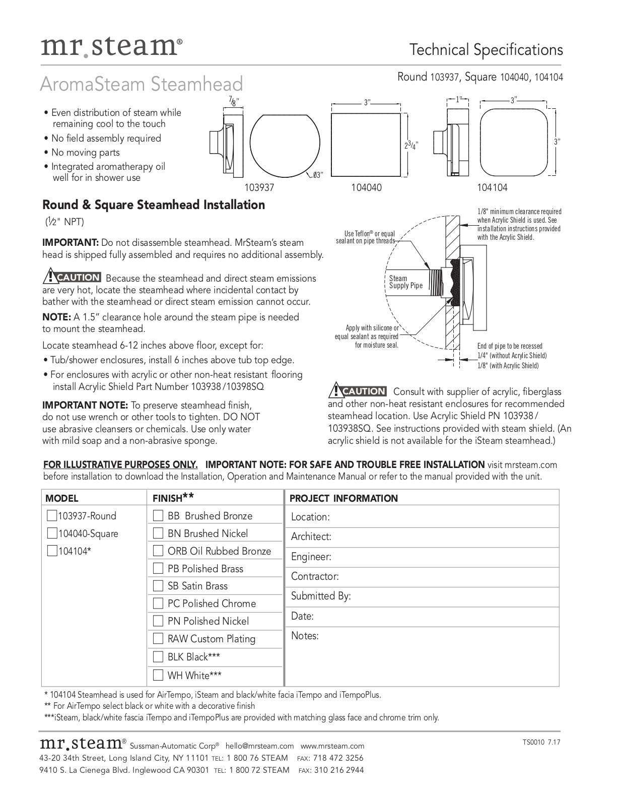 Mr. Steam 104040RAW, 104040ORB, 103937BN, 104040BN, 104040BB Specifications