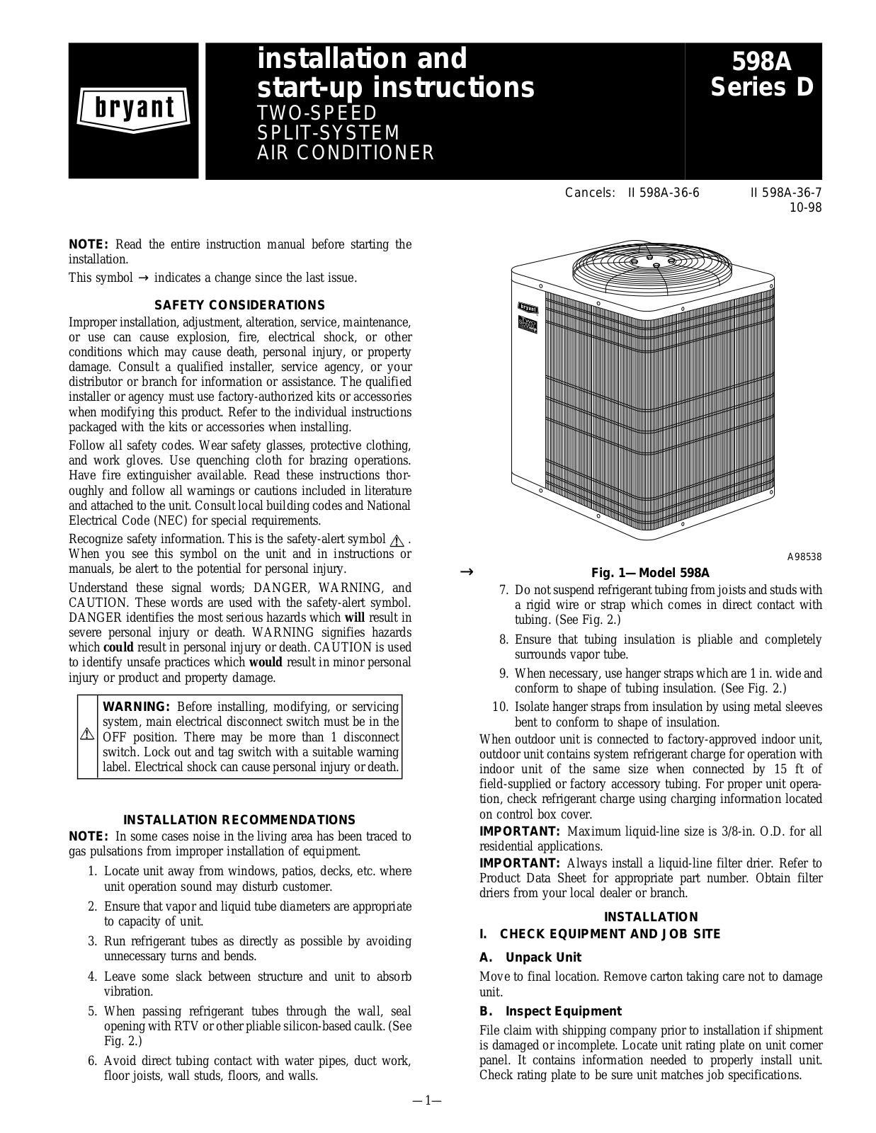 Bryant 598A Series D Installation And Start-up Instructions Manual