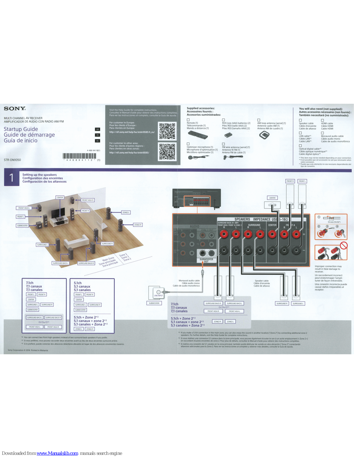 Sony Multi Channel AV Receiver, STR-DN1050 Startup Manual