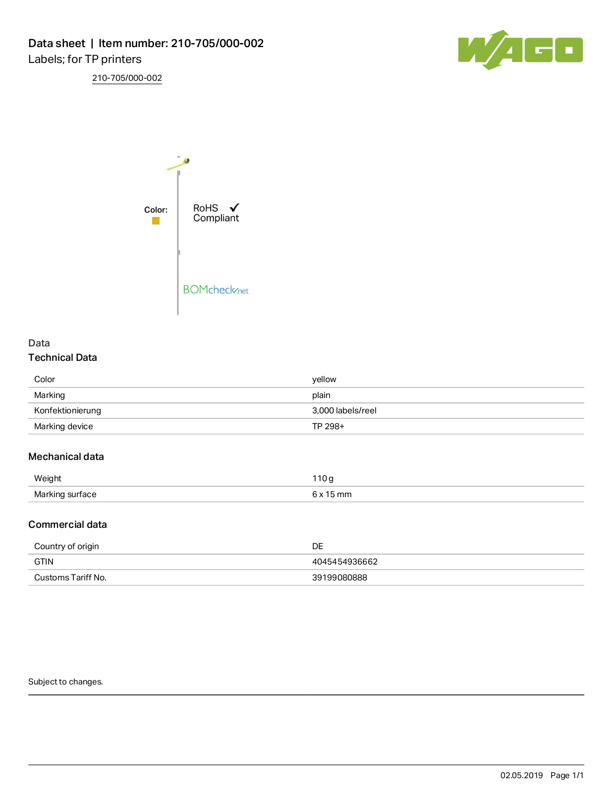 Wago 210-705/000-002 Data Sheet