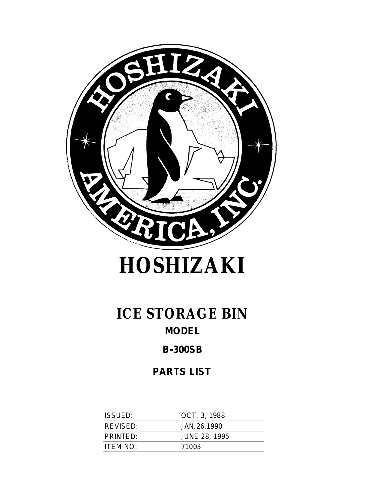 Hoshizaki America B-300SB-J-1 Parts List