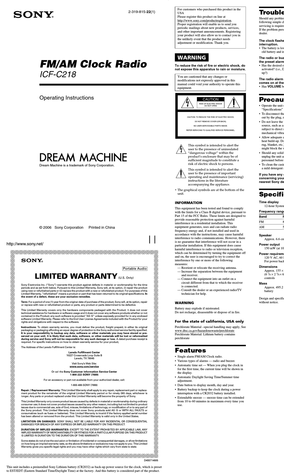 Sony ICF-C218 User Manual