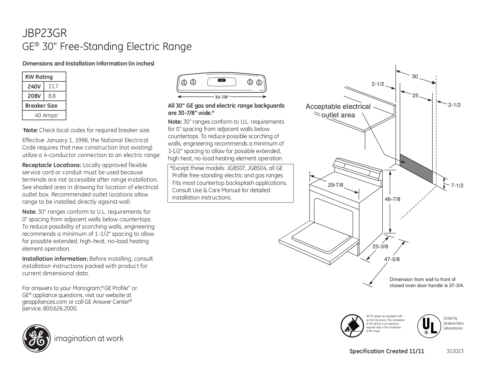 GE JBP23GR Specification