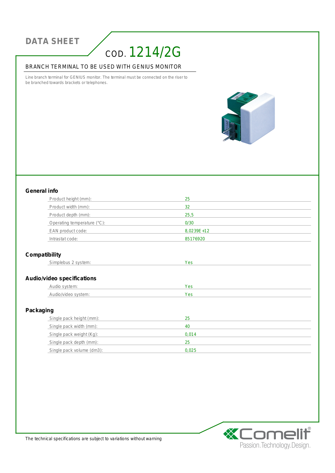 Comelit 1214-2G Specsheet