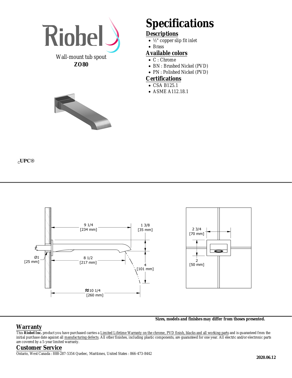 Riobel ZO80BN Specifications - ManualMachine.com